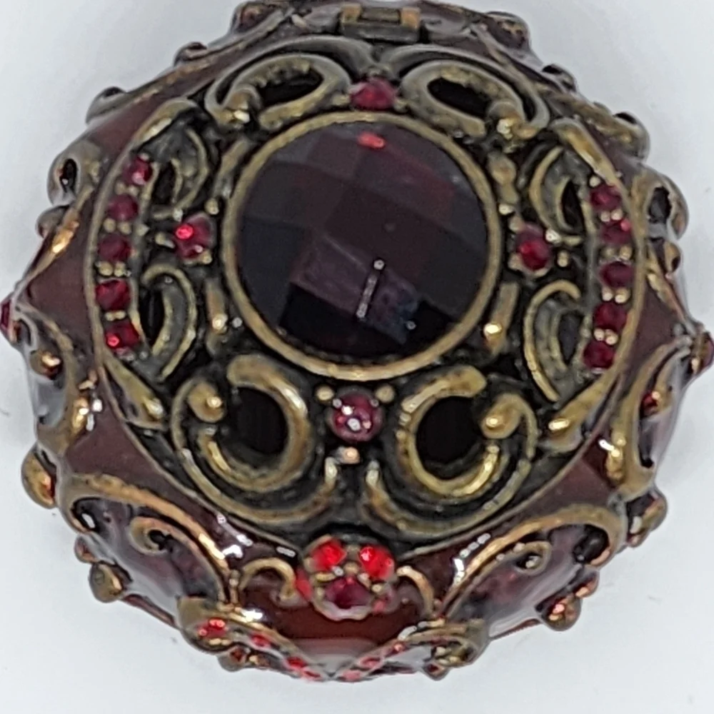 ENAMELED TRINKET BOX JULY BIRTHSTONE Red Faux Garnet Ruby Scroll Copper Toned